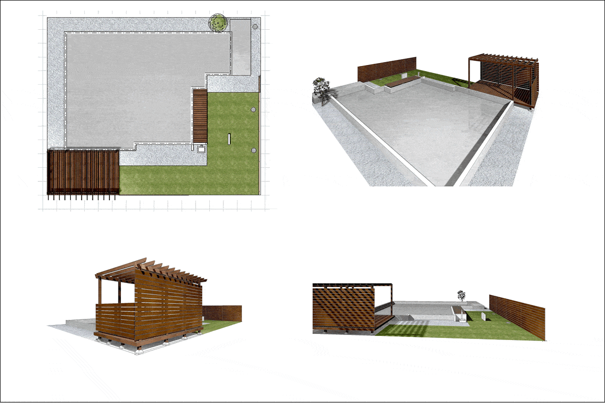 ガーデンデザインサンプル05ウッドデッキとパーゴラで造るガーデンウッドルーム